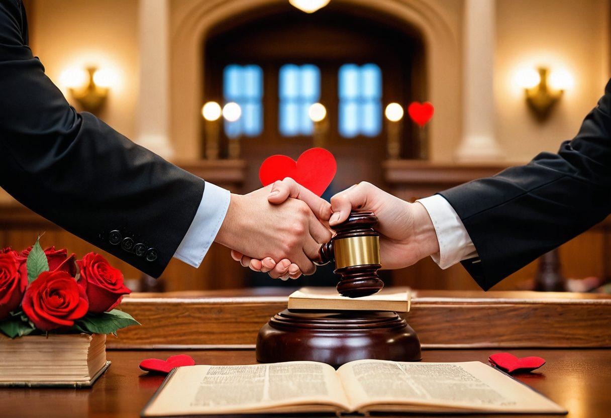 A courtroom scene with a couple holding hands, surrounded by symbols of love like roses and hearts, while a judge watches compassionately. In the background, stacks of legal books and a gavel symbolize the fusion of law and romance. Warm lighting gives a hopeful aura, suggesting new beginnings. super-realistic. vibrant colors. soft focus.
