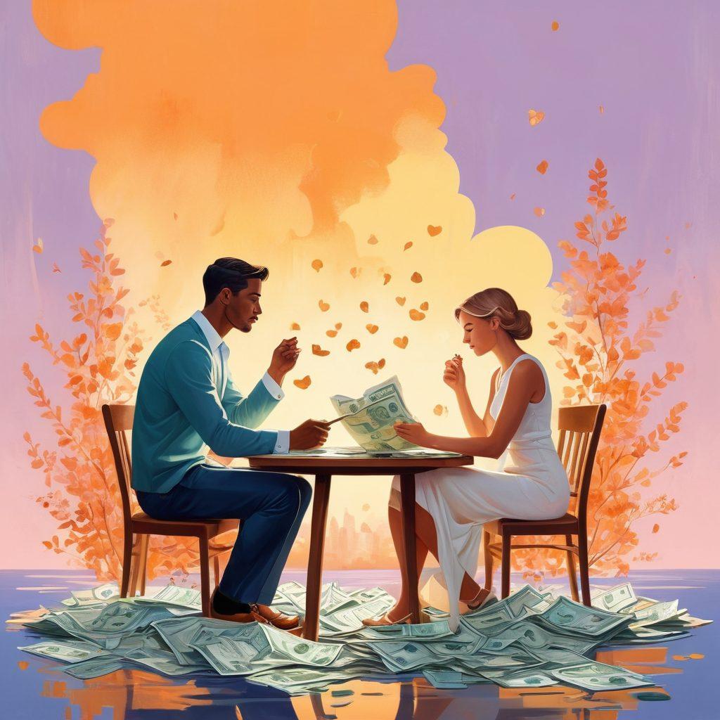 A heartfelt illustration showing a couple seated at a table, surrounded by bills and financial documents, symbolizing their struggle with bankruptcy. The scene depicts a warm glow around them to represent love and support, with visual metaphors like intertwined hearts alongside dollar signs, illustrating the balance between love and money. Inspiration from modern art styles, with a soft color palette and abstract elements. vibrant colors. painting.