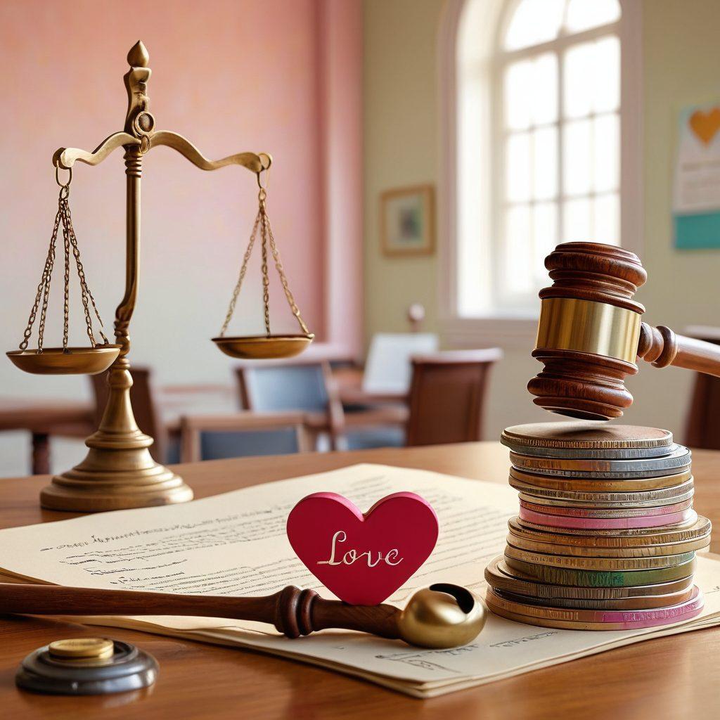 A whimsical courtroom scene where a heart-shaped gavel is being used, surrounded by joyful silhouettes symbolizing love and support. In the background, a balance scale represents financial freedom with coins on one side and a heart on the other, subtly showcasing the theme of bankruptcy support. Soft pastel colors enhance the warmth and hopefulness of the moment. Art style: vibrant colors, dreamy painting.